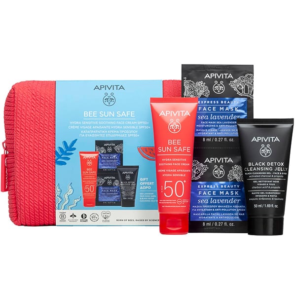 Apivita Promo Bee Sun Safe  Καταπραϋντική Κρέμα Προσώπου SPF50+, 50ml & Δώρο  Μαύρο Gel Kαθαρισμού, 50ml &  Μάσκα Προσώπου Θαλάσσια Λεβάντα, 2x8ml