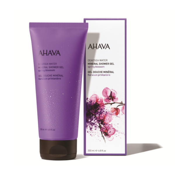 αφρόλουτρο σώματος της Ahava, με ορυκτά από τη Νεκρά Θάλασσα & άρωμα μωβ λουλουδιών.